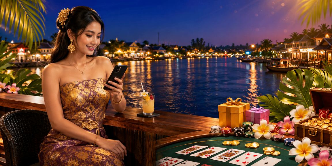 Model berpose di meja baccarat live casino dengan suasana elegan dan pencahayaan mewah
