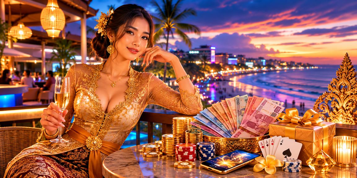Pemain menikmati bonus cashback casino di tepi pantai dengan smartphone
