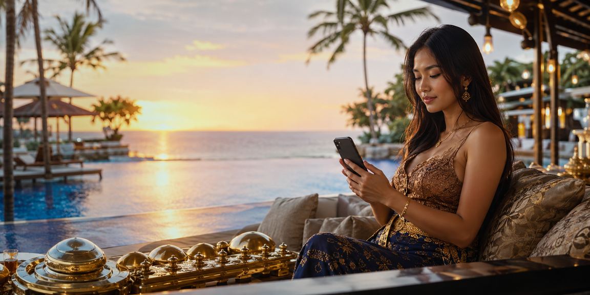 Pengguna mengakses bonus casino mobile sosrotogel di tepi pantai dengan smartphone