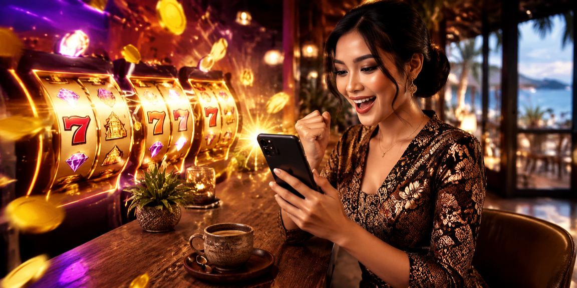 Pemain menikmati slot game online di depan laptop sambil minum kopi pagi