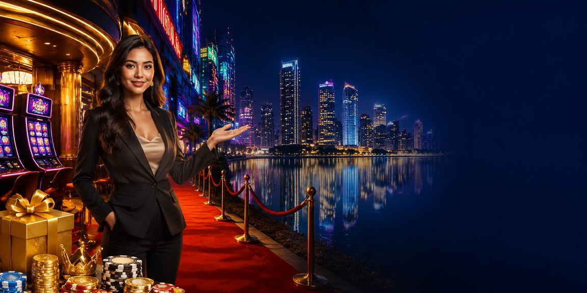 Tampilan mesin slot dengan efek neon berwarna-warni dan suasana malam yang mewah